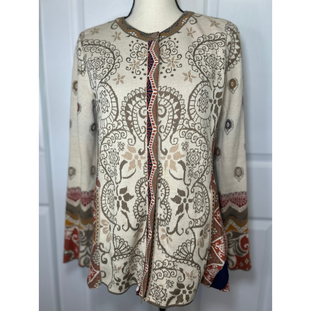 IVKO Woman Jacquard Sweater Jacket Beige Cotton Cardigan‎ Size 38 / 8 Full Zip